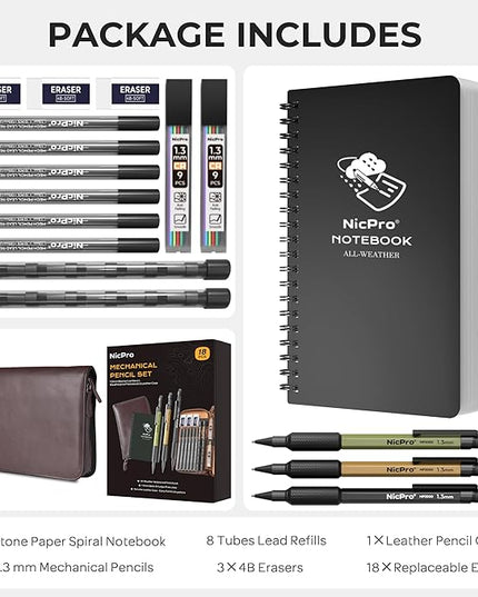 Nicpro 1.3mm Mechanical Pencil Set in Leather Bag with Waterproof Field Notebooks, 3PCS Metal Heavy Duty Carpenter Pencil with Lead Refill & Eraser for Outdoor Journal Travel Drafting Drawing