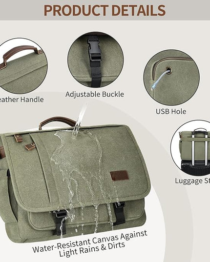 ESTARER Men's Messenger Bag 17.3 Inch, Water-resistant Canvas Laptop Bag, Computer Shoulder Bag for College Travel Work, Army Green