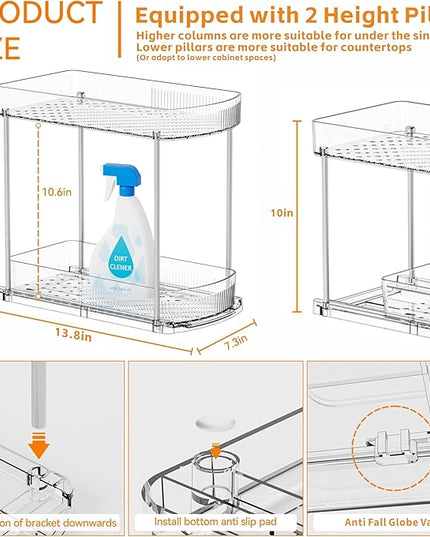 2 Pack Large Pull Out Bathroom Organizers and Storage,2 Tier 12.8″ Tall Sliding Kitchen Under Sink Organizer for Cleaning Products Storage,Acrylic Clear Bathroom inder Sink Organizer,Undersink Storage