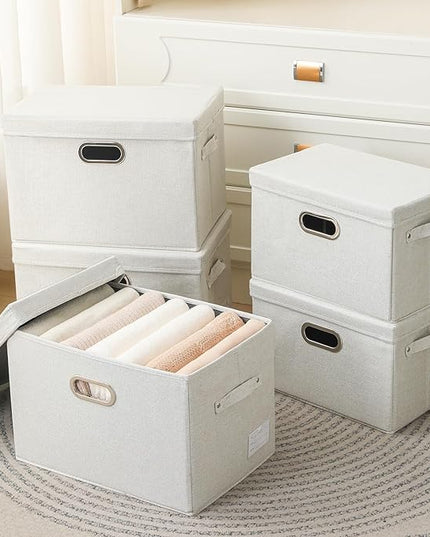 PRANDOM Large Collapsible Storage Bin with Lid [1-Pack] Fabric Foldable Storage Box Organizer Container Basket Cube with Cover for Home Bedroom Closet Office Beige (17.3x11.8x11.8)