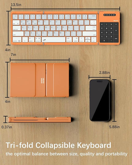Nillkin Upgraded Foldable Bluetooth Keyboard with Touchpad & Number Pad, Portable Wireless Keyboard for Travel, Pocket-Sized, Full Size Keys, Support 3 Devices for iPad Laptop Tablets Phone, Orange