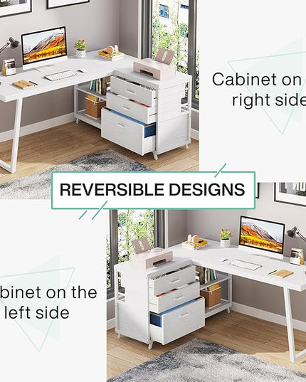 Tribesigns L-Shaped Computer Desk with 3 Drawers, Reversible Corner Home Office Desk with Shelves, 53-Inch Industrial PC Desk Study Writing Table Workstation for Small Space, White