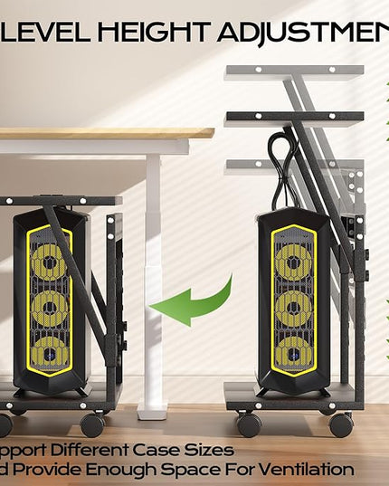 24In Large PC Stand, 5 Levels Height Adjustable Computer Tower Stand with Charging Station, Wheels and Hooks, CPU Holder Cart for Floor, Carpet and Under Desk, Easy Assembly（with Power Strips）