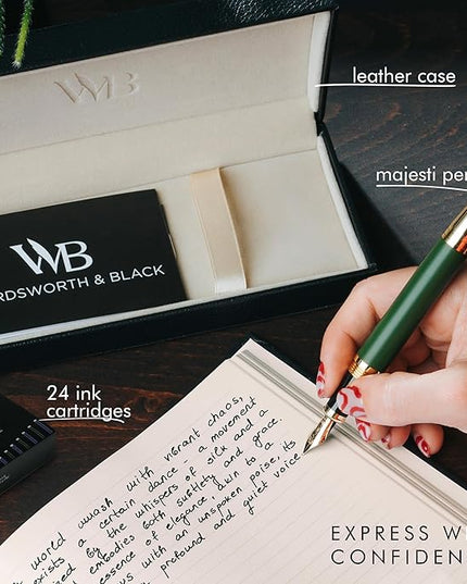 Wordsworth & Black Majesti Fountain Pen-(Green), Luxury Case, 24K Gold Finish; 18K Gilded Medium Nib- Ink Cartridges, Refillable Ink Converter-Calligraphy Pen-Best Business Gift Set for Men & Women