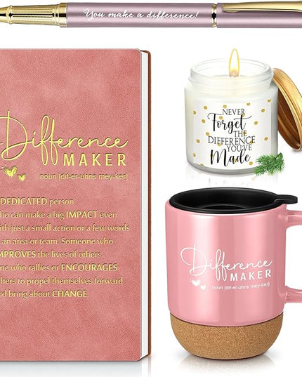 4 Pcs Difference Maker Gift for Women Men Teacher Employee Appreciation Gift for Coworker Staff Coach Difference Maker Mug Notebook Scented Candle Motivational Ballpoint Pen for Valentines(Pink)