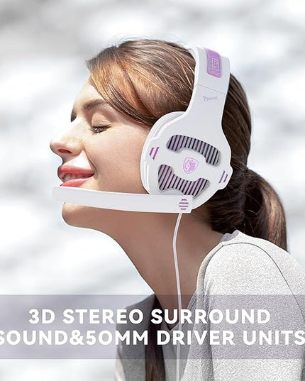 Globalsades SA726 Stereo Gaming Headset for Xbox One PS4 PS5 Controller, Over Ear Headphone with Mic Noise Cancelling Headset for PC Xbox Series (White Pink)