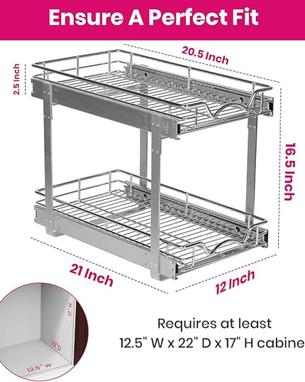 HOLDN’ STORAGE Two Tier Pull Out Cabinet Organizer, Individual Sliding Drawers - Heavy Duty Metal with Lifetime Limited Warranty - Anti Rust Chrome Finish - 12" W x 21”D x 16.5" H