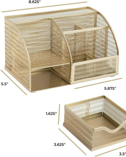 BLU MONACO | Gold Desk Organizer with Drawer | Metal Desktop Caddy with Six Compartments for Office Supplies | Stylish Desk Organizers and Accessories for Home or Office