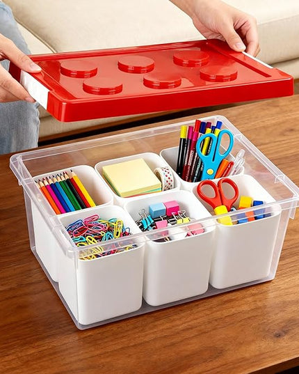 loobuu Plastic Storage Bins with Lids, Art Craft Supply Organizer Box with Brush Pot, Multipurpose Stackable Storage Containers for Organizing Tool, Craft, Crayon,Sewing (Red)
