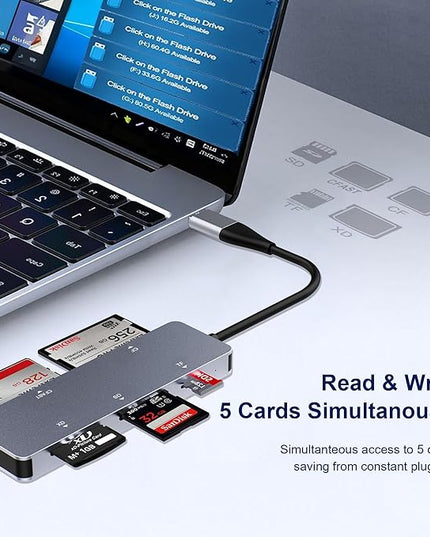 CFast 2.0 Card Reader 5-in-1, USB C USB 3.0 Aluminum Multi-Slot Memory Card Adapter with 5Gbps High-Speed Data Transfer, Simultaneous Reading for CFast/CF/SD/TF/XD Cards