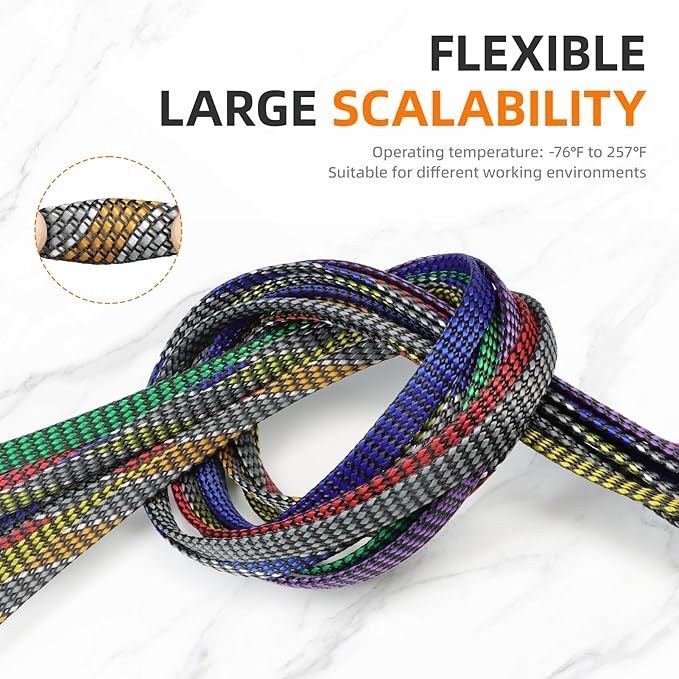 Braided Expandable Cable Sleeve, 25ft PP Cotton and PET Braided Cable Management, Flexible Mesh Wire Loom and Cable Protector for TV, Computer, Home Theater, Automotive (Orange White Grey, 1/2")