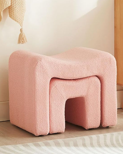 Ottoman Set of 2 Vanity Stool Chair Seating Backless Modern Foot Rest Teddy Velvet Small Footstool Ottoman for Makeup Room Living Room Bedroom Entryway,(2-in-1) Pink