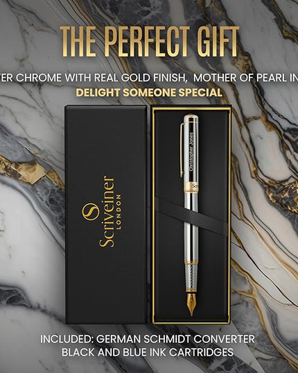 Scriveiner Personalized Silver Chrome Fountain Pen - Stunning Luxury Pen, Real Gold Plating, Schmidt Gilded Nib (Medium) Best Engraved Pen Gift Set for Men & Women, Custom Name Engraving