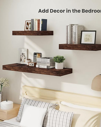Heimlove 24 x 12 Inch Deep Floating Shelves Wall Mounted with Invisible Brackets,Storage Hanging Shelf for Wall Decor in Bathroom, Bedroom, Kitchen, Living Room, Office Set of 2 (Rustic Brown)