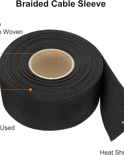 MECCANIXITY Braided Cable Sleeves Heat Shrinkable Fabric Sleeving, 1 9/16" 40ft Black 2:1 Ratio Heat Shrinkable Cord Protector for Harness Cable, Network Cable Protection, Cable Management
