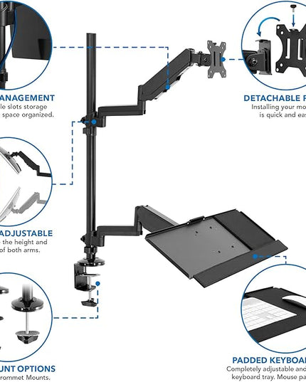 MOUNT-IT! Sit Stand Monitor Desk Mount [Fits 32" Screens] Height Adjustable, Full-Motion Articulating Arm with Keyboard Tray and Cable Management (Black)