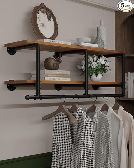 Wall Mounted Clothes Rack 12 Inch Deep, 48 Inch Heavy Duty Garment Rack with Real Brown Wood Shelf, Multi-Purpose Hanging Rod & Space-Saving Closet Storage Organizer