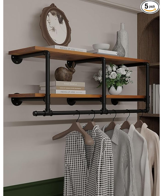 Wall Mounted Clothes Rack 12 Inch Deep, 48 Inch Heavy Duty Garment Rack with Real Brown Wood Shelf, Multi-Purpose Hanging Rod & Space-Saving Closet Storage Organizer