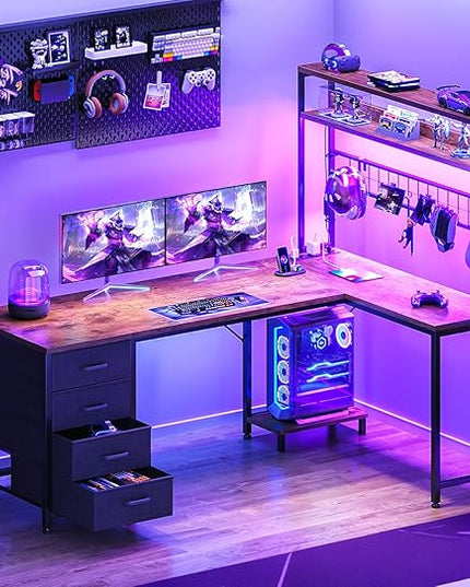 AODK L Shaped Gaming Desk with Hutch, 59" Computer Desk with 4 Drawers & Storage Shelves, Reversible Corner Desk with LED Light & Power Outlets, Gamer Table for for Home Office, Vintage