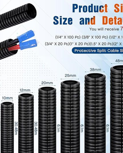 Sasylvia 1/4, 3/8, 1/2'' x 100 Ft, 3/4, 1, 1.5, 2'' x 20 Ft Split Wire Loom Tubing Wire Loom Assortment Split Cable Sleeves Bulk Flexible Electrical Conduit Protective kit