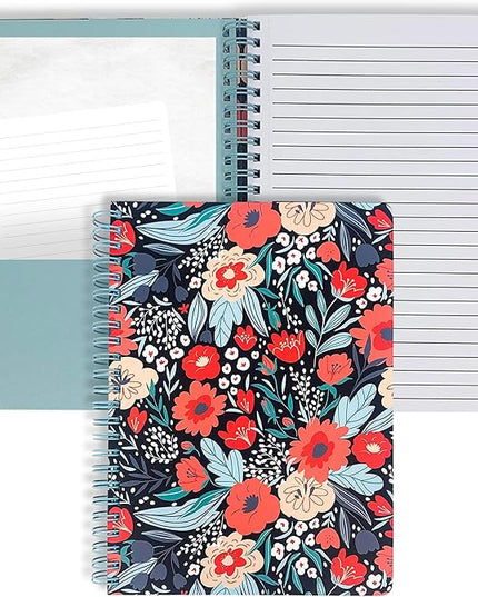 Steel Mill & Co Cute Red/Blue Mini Spiral Notebook, 8.25" x 6.25" Journal with Durable Hardcover and 160 Lined Pages, Folk Floral