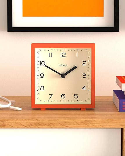 JONES CLOCKS® Disco Desk Clock | Sleek Square Design | Orange | Stylish and Easy to Read for Shelf, Table, Mantel or Bedside