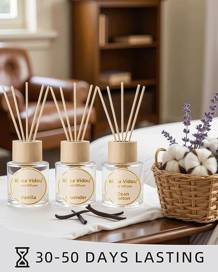 Reed Diffuser Set of 3, Binca Vidou Lavender Vanilla Clean Cotton Natural Scent Oil Diffusers with Sticks for Home Office Bathroom Aromatherapy Decor 1.69oz x 3