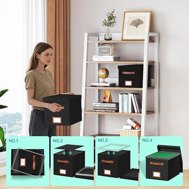 File Organizer Box with Lid File Box for Hanging Decorative File Organizer with One-Piece Integrated Plastic Slide Rail (Black, 13.2x10.1x10.1inch(2pack))