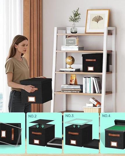 File Organizer Box with Lid File Box for Hanging Decorative File Organizer with One-Piece Integrated Plastic Slide Rail (Black, 13.2x10.1x10.1inch(3pack))