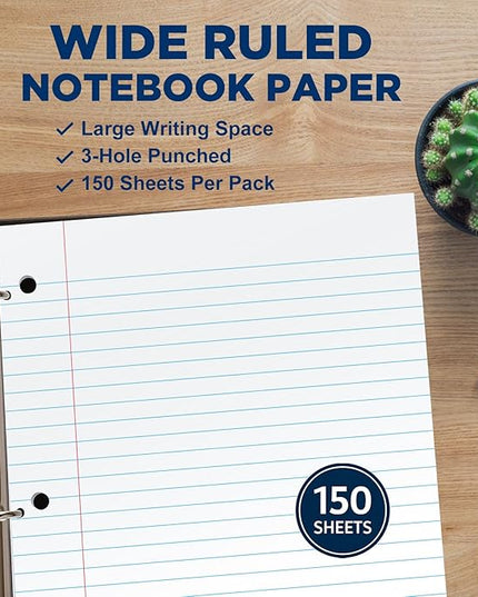 Woodlake Loose Leaf Paper, Wide Ruled Notebook Paper, 8 x 10.5”, 150 Sheets per Pack, 3 Pack Bulk Lined Filler Paper, 3 Hole Punched, 60gsm, Made in USA