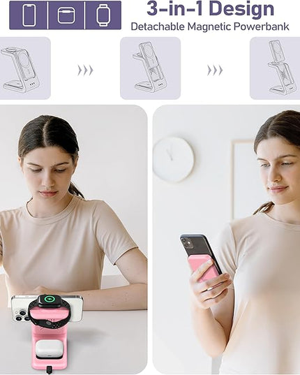 3 in 1 Wireless Charging Station: 5000mAh Removable Power Bank Charger Stand for Phone/Watch/Air Pods - Portable Magnetic Battery Pack for Air 17 16 15 14 13 12 Series Pink