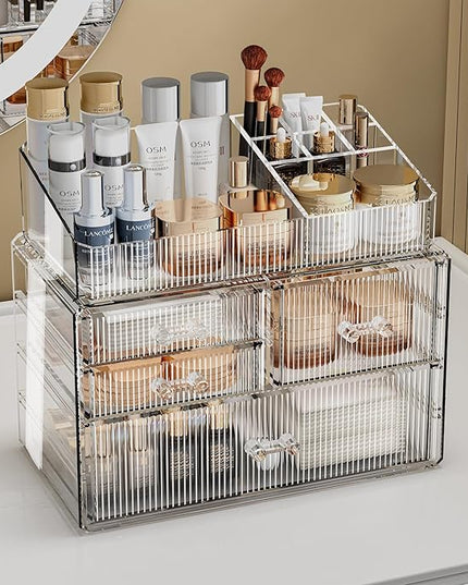 ZHIAI Stackable Storage Drawer, Acrylic Organizer, Cosmetic Organizer for Dresser, Vanity, Kitchen Cabinet, Bathroom, Under Sink, Home Organization and Storage (1 Top 3 Drawers)