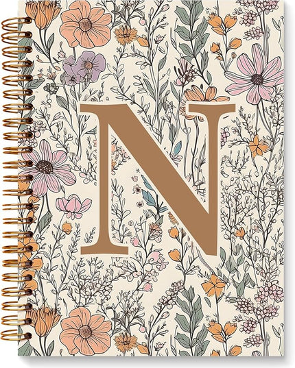 JXREQ Vintage Boho Floral Personalized Notebook, Initial Letter N Notebook Journal, Monogram Notebook, Monogrammed Gifts for Women, Boho Office Supplies, Flower Spiral Notebook 5.5x8.3