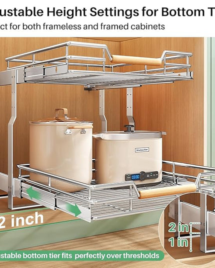Pull out Cabinet Organizer, 2 Tiers 23"W X 21"D, Heavy Duty Smooth Sliding Under Cabinet Shelves for Pots and Pans, Full-Extension Roll out Drawers, Slide out Organization for Home Kitchen Pantry