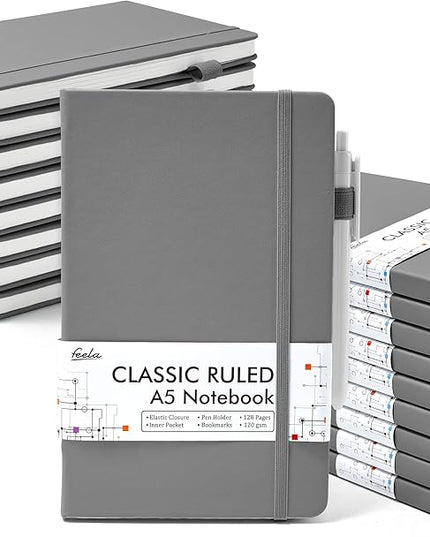 feela 18 Pack Journal Notebook for Work, Business Notebook Bulk Hardcover Lined Writing Journal with Pen Holder for Men Women Note Taking, with 18 Black Pens, 120 GSM, 5.1”x8.3”, A5, Gray