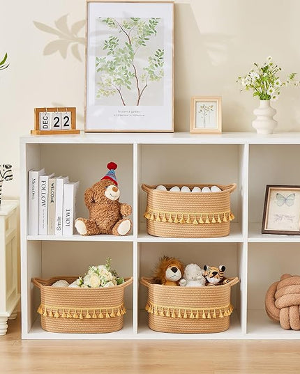 Storage Bins Woven Baskets for Storage Set of 3, Cotton Rope Basket with Handles for Toys/Shelves/Laundry, Rectangle Multi-Purpose Organizer for Living Room, Bedroom, Nursery (Brown)