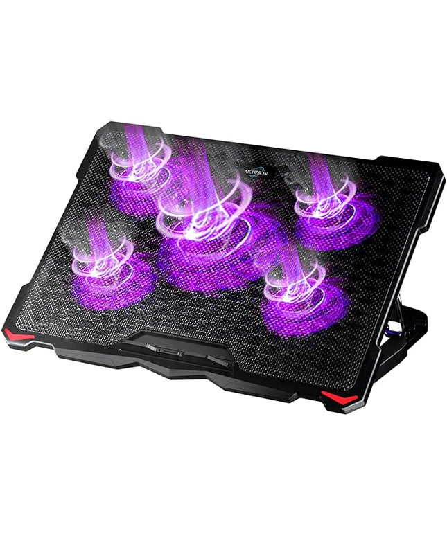 AICHESON Laptop Cooling Pad for 15.6 to 17.3 Inches PC Notebooks, 5 Fans Computer Cooler Stands with Purple Lights Desk Chiller Mat, S035