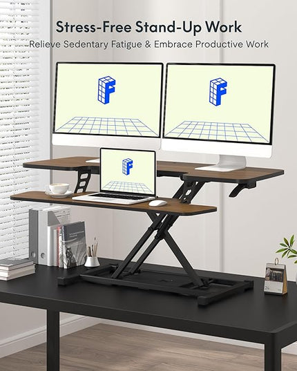 FLXISPOT 42" Standing Desk Converter Sit to Stand up Riser Height Adjustable Monitor and Laptop Workstation with Spacious 2-Tier Desktop, Walnut Color