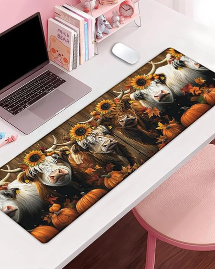 Highland Cow Extra Large Gaming Mouse Pad, Desk Mat, Non-Slip Rubber Base, MousePads for School, Work, Home Accessories Decor Gifts 31.5" x 11.8"