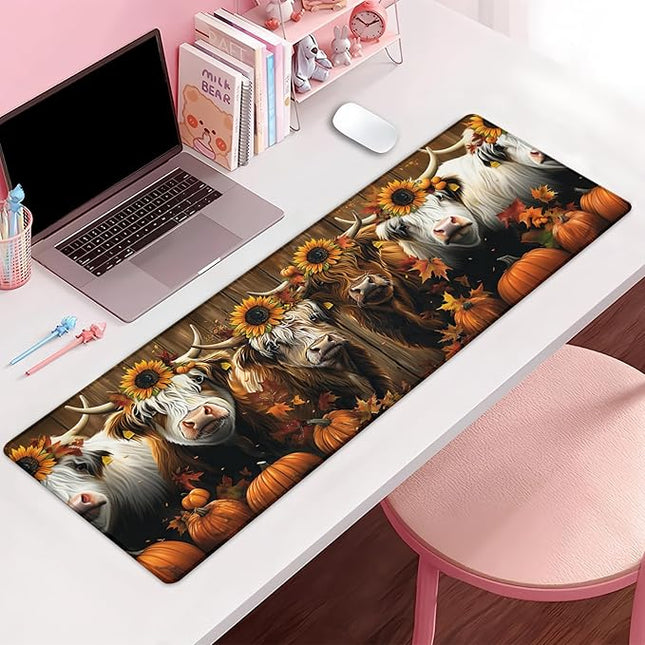 Highland Cow Extra Large Gaming Mouse Pad, Desk Mat, Non-Slip Rubber Base, MousePads for School, Work, Home Accessories Decor Gifts 31.5" x 11.8"