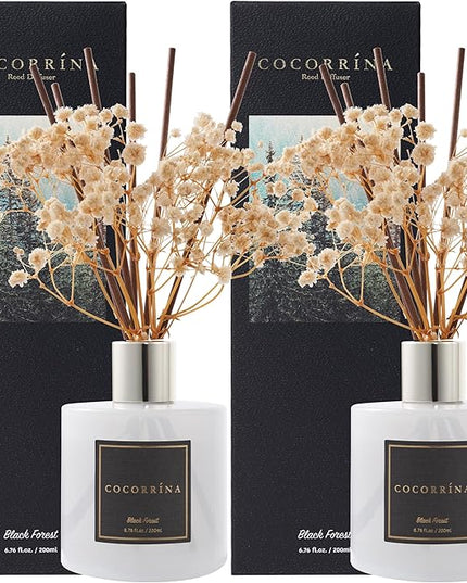 Cocorrína Premium Reed Diffuser Set with Preserved Baby's Breath & Cotton Stick Black Forest 2 Packs, 6.7oz Scent Fragrance Oil Diffuser for Bedroom Bathroom Home Décor