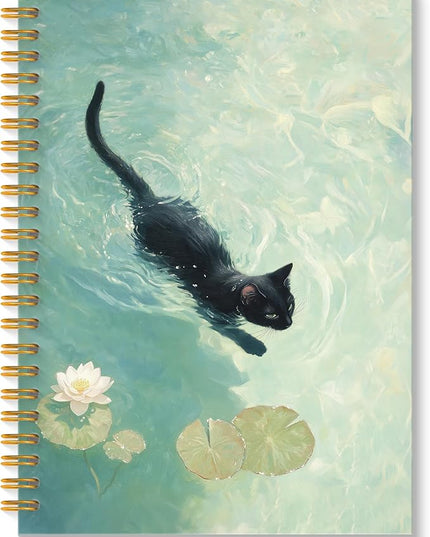 ROXMART Whimsical Funny Black Cat Spiral Notebook Journal, Cat Lover Mom Lady Owner Gifts, Cute Black Kitty Kitten in Water Lily Pond Hardcover Notebook Journal, 5.5x8.3 Inch