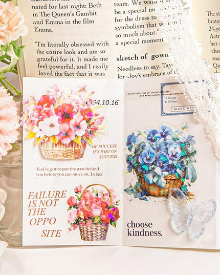 AuriicLeaf Floral Basket Holographic PET Sticker Set, 72Pcs Vintage Flower Stickers for Scrapbooking, Journaling, Junk Journal Supplies, and DIY Crafts