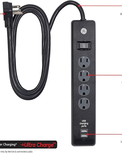 GE 4-Outlet Surge Protector, 2 USB Ports, 6 Ft Power Cord, 450 Joules, Flat Plug, Twist to Lock Safety Covers, Automatic Shutdown Technology, Circuit Breaker, Warranty, UL Listed, Black, 37465