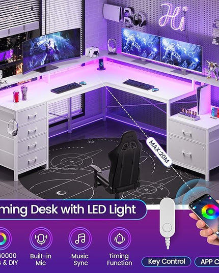 SEDETA L Shaped Desk with 6 Drawer, 108" Home Office Desk with File Drawer & Power Outlet, Corner Computer Desk with Monitor Shelf, File Cabinet, Two Person Desk, Gaming Desk with Led Lights, White