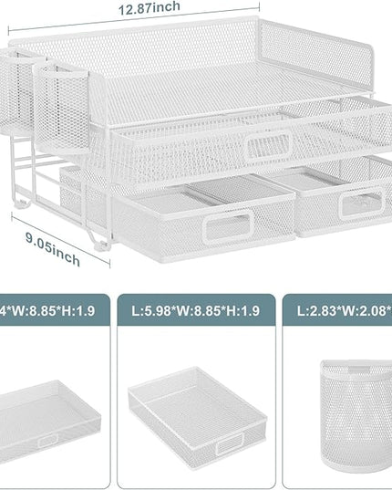 Marbrasse 3 Tier Mesh Desk Organizer with Drawer, Multi-Functional Desk Organizers and Accessories, Paper Letter Organizer with 2 Pen Holder for Home Office Supplies - White