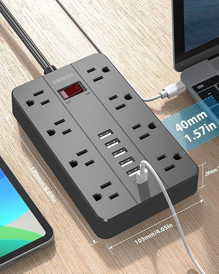 Power Strip with USB,SMNICE Surge Protector Flat Plug with 8 Widely-Spaced Outlets & 6 USB(1USB C) Ports, Wall Mountable 5ft Extension Cord for Smartphone Tablet Laptop Computer Multiple Devices