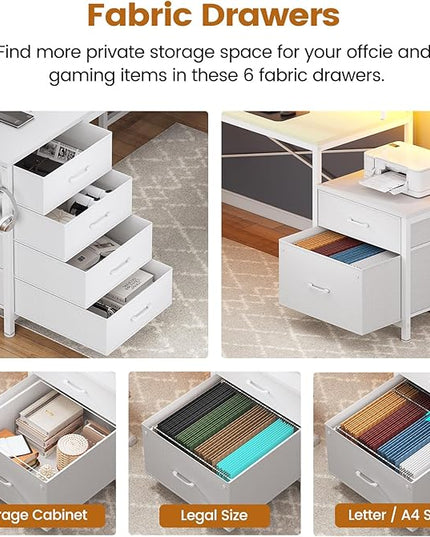 SEDETA L Shaped Desk with 6 Drawer, 108" Home Office Desk with File Drawer & Power Outlet, Corner Computer Desk with Monitor Shelf, File Cabinet, Two Person Desk, Gaming Desk with Led Lights, White
