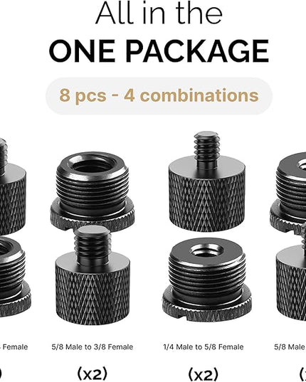 IXTECH Mic Stand Adapter Set 8 pieces Metal Microphone Stand Screw Thread Adapter 5/8 Female to 3/8 Male 3/8 Female to 5/8 Male 5/8 Female to 1/4 Male 1/4 Female to 5/8 Male Tripod Adapter ADP02 Black