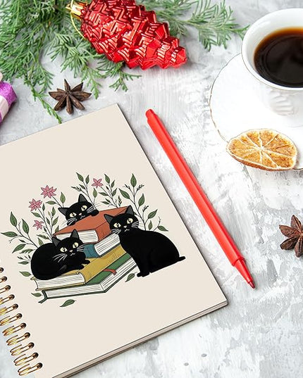 Black Cat Book Lover Spiral Notebook Journal 5.5x8.3, Cat Mom Lady Gifts Journal for Women, Book Lovers Gifts for Bookish Readers, Boho Floral Journaling Notebooks